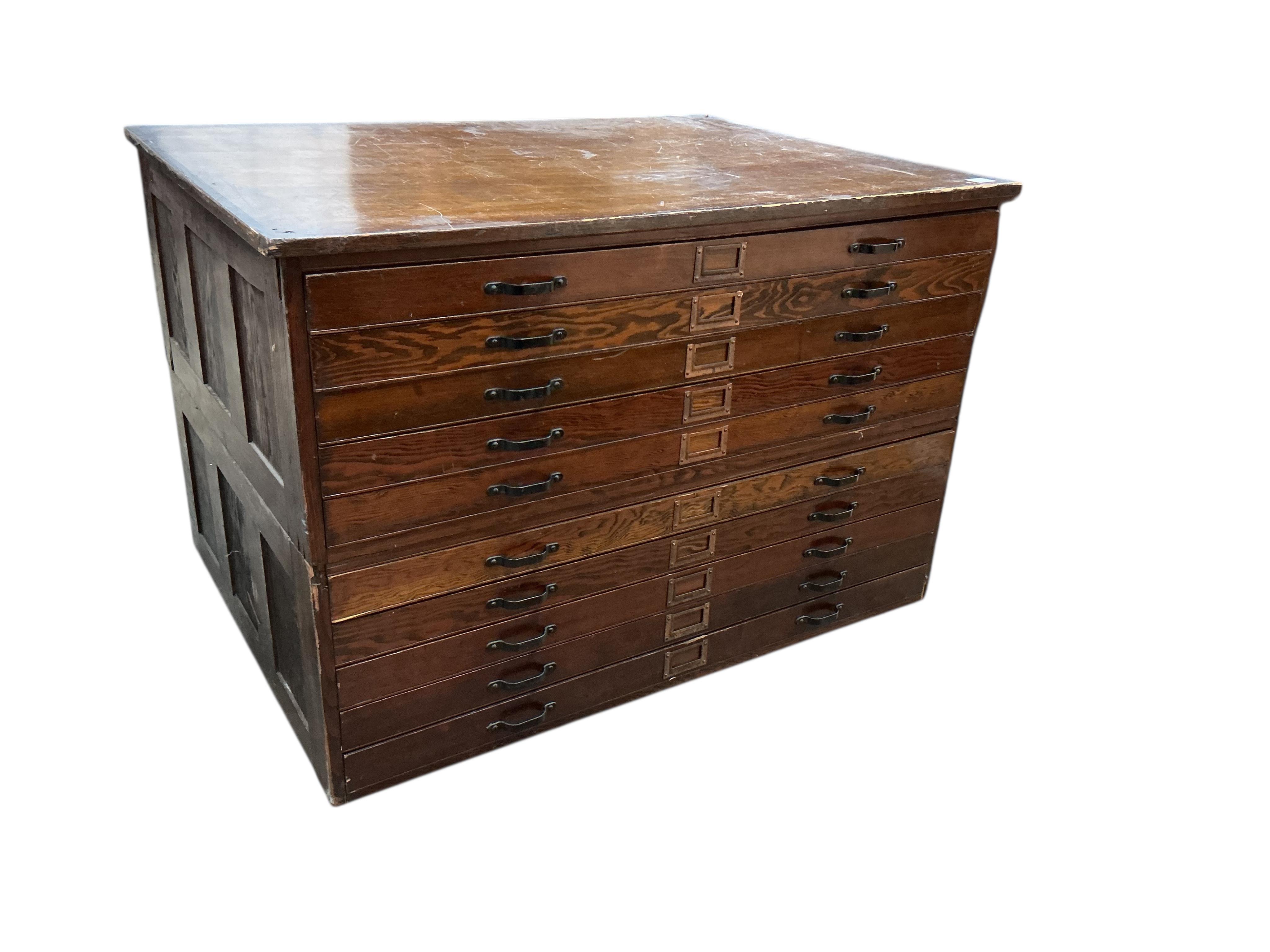 A mid century beech and pine two section ten drawer plan chest, width 123cm, depth 90cm, height 82cm